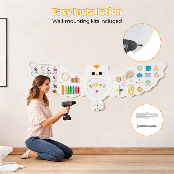 11-in-1 Toddler Owl Activity Wall Busy Board for kids 3+ years, promoting learning and play through engaging panels.