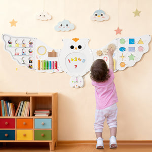 11-in-1 Toddler Owl Activity Wall Busy Board for 3+ years, promoting learning and play in a fun, engaging design.