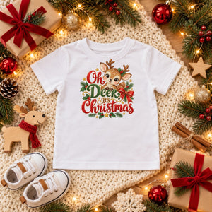 Oh Deer, It's Christmas toddler t-shirt in white, Christmas flat lay