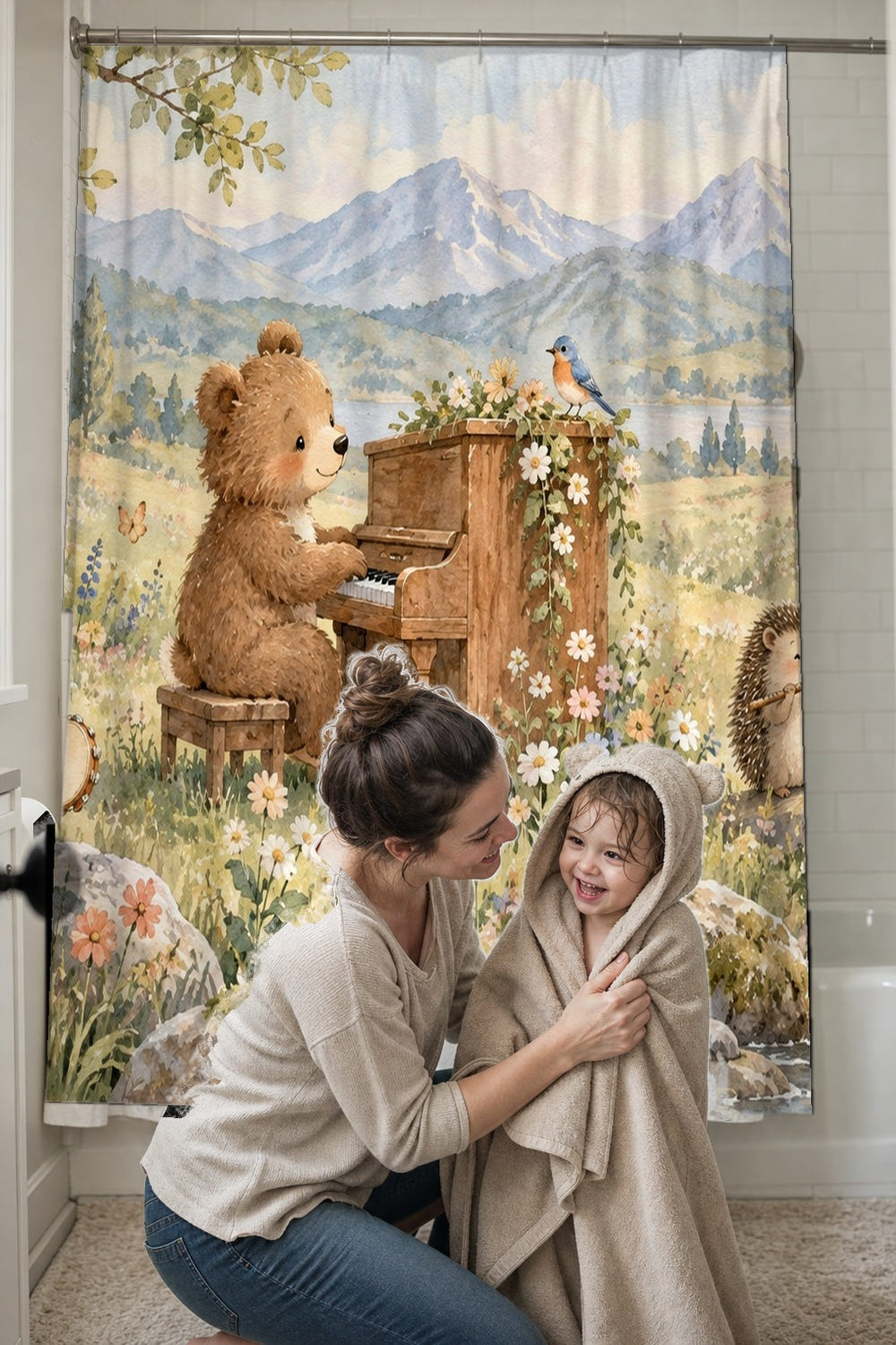 Bear Piano shower curtain, full front view of the 71 x 74 in fabric curtain