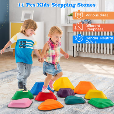 Multicolor 11-piece kids' stepping stones balance blocks for indoor and outdoor play.