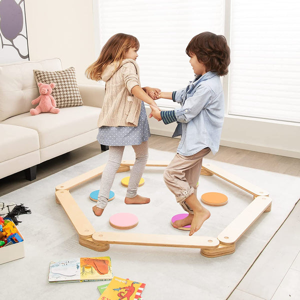Colorful 12-piece kids wooden balance beam and stepping stones set for fun and active play.