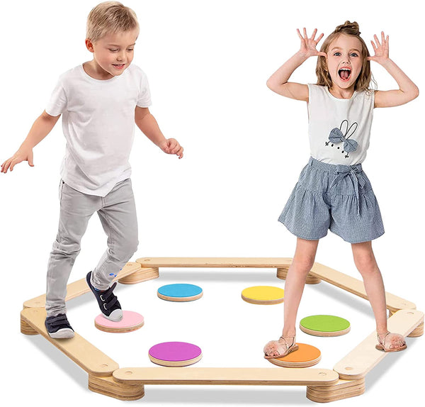 Colorful 12-piece kids wooden balance beam and stepping stones set for fun and active play.