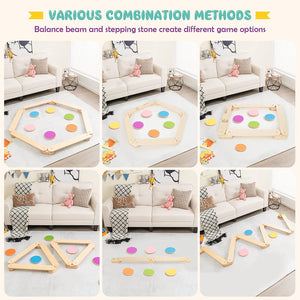 Colorful 12-piece kids wooden balance beam and stepping stones set for fun and active play.