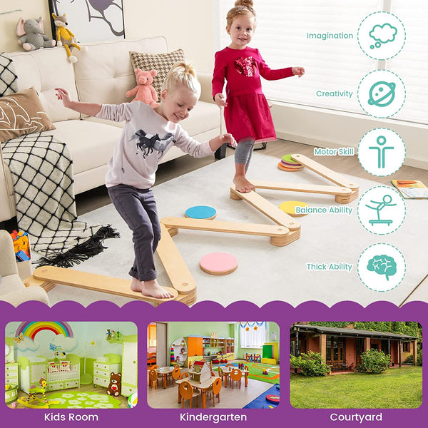 Colorful 12-piece kids wooden balance beam and stepping stones for fun and active play. Perfect for toddlers!