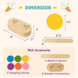 Colorful 12-piece kids wooden balance beam and stepping stones set for fun and active play.