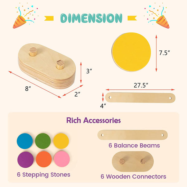 Colorful 12-piece kids wooden balance beam and stepping stones set for fun and active play.