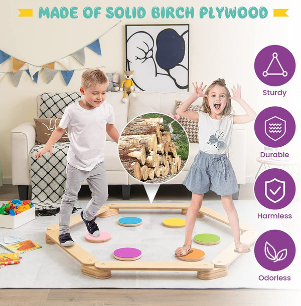 Colorful 12-piece kids wooden balance beam and stepping stones for fun and active playtime.