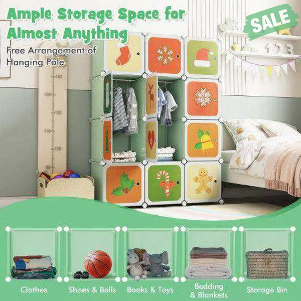 12 Cube Kids Wardrobe Closet with Hanging Section and Doors-White White Kids Storage