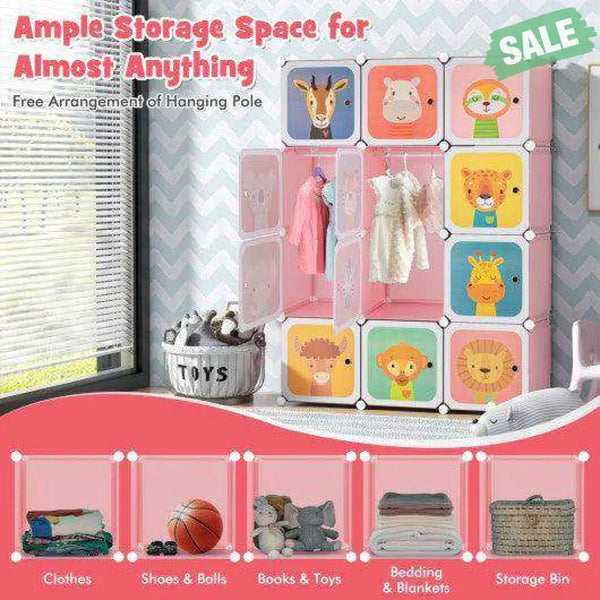 12 Cube Kids Wardrobe Closet with Hanging Section and Doors-White White Kids Storage
