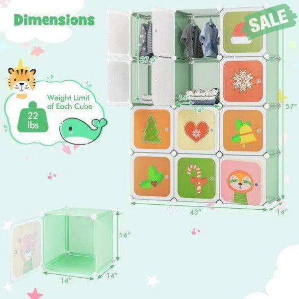 12 Cube Kids Wardrobe Closet with Hanging Section and Doors-White White Kids Storage