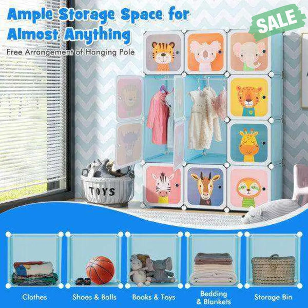 12 Cube Kids Wardrobe Closet with Hanging Section and Doors-White White Kids Storage