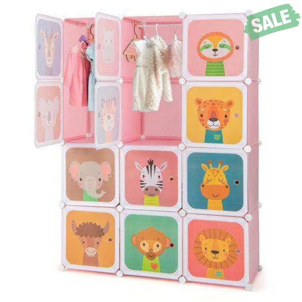 12 Cube Kids Wardrobe Closet with Hanging Section and Doors-White White Kids Storage