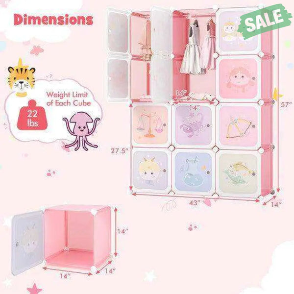 12 Cube Kids Wardrobe Closet with Hanging Section and Doors-White White Kids Storage