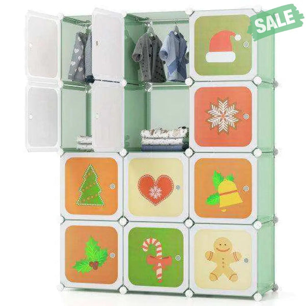 12 Cube Kids Wardrobe Closet with Hanging Section and Doors-White White Kids Storage