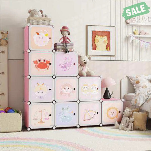 12 Cube Kids Wardrobe Closet with Hanging Section and Doors-White White Kids Storage