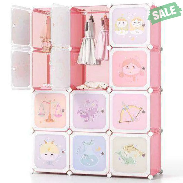 12 Cube Kids Wardrobe Closet with Hanging Section and Doors-White White Kids Storage