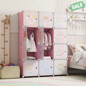 12 Cube Kids Wardrobe Closet with Hanging Section and Doors-White White Kids Storage