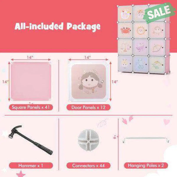 12 Cube Kids Wardrobe Closet with Hanging Section and Doors-White White Kids Storage