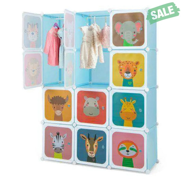 12 Cube Kids Wardrobe Closet with Hanging Section and Doors-White White Kids Storage