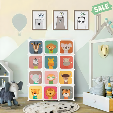 12 Cube Kids Wardrobe Closet in White with Hanging Section and Doors for organized kids' storage.