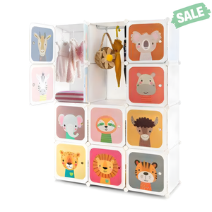 12 Cube Kids Wardrobe Closet in White with Hanging Section and Doors - Angle 3 View for Kids Storage Solutions.