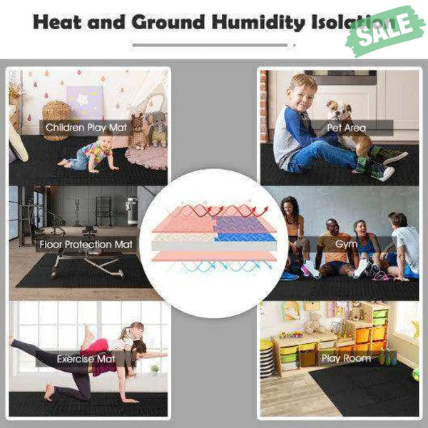 12 Pieces Puzzle Interlocking Flooring Mat with Anti-slip and Waterproof Surface Black Baby Gyms & Playmats