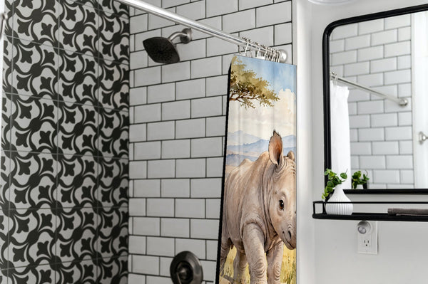Baby Rhino Safari shower curtain in a modern farmhouse bathroom with subway tile
