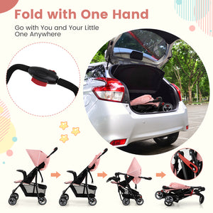 Toddler travel stroller for airplane with canopy, adjustable backrest, angled view showcasing compact design.