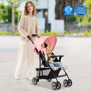 Toddler travel stroller for airplane with canopy, adjustable backrest, shown at a 33-degree angle.