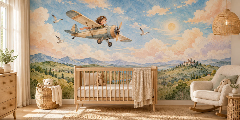 Watercolor Vintage Airplane Wall Mural, image 1