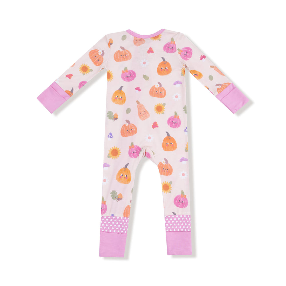 Pink Autumn Pumpkins convertible romper for babies, perfect zip pajamas and footies for cozy fall nights.