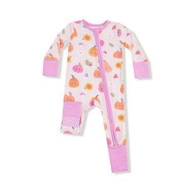 Pink Autumn Pumpkins convertible romper for babies, perfect zip pajamas and footies for cozy fall nights.