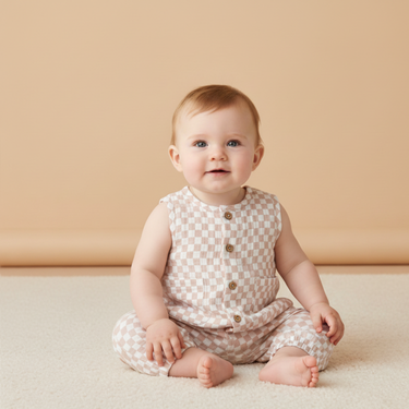 Organic Buttoned Jumpsuit - Brick Checks