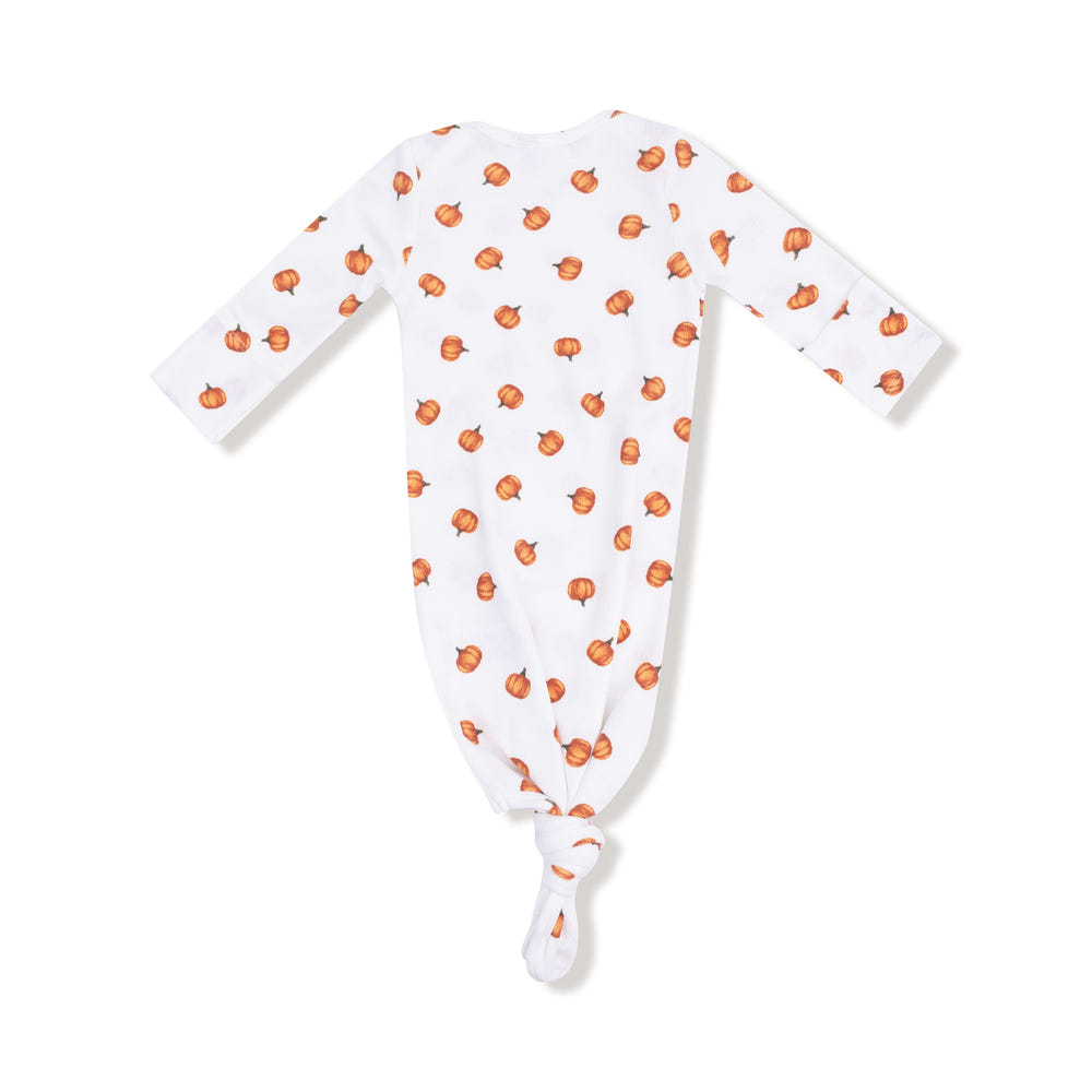 Little Pumpkins knotted gown for babies, perfect for cozy sleep and bedding, featuring soft fabric and adorable design.
