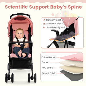 Toddler travel stroller for airplane with canopy, adjustable backrest, and compact design, angled view.