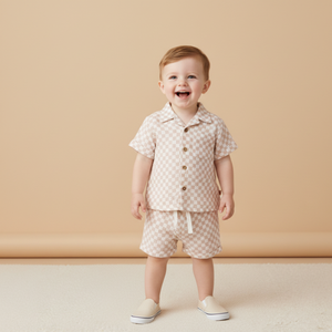 Organic Shirt & Shorts Set - Brick Checks