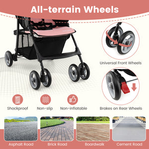 Toddler travel stroller for airplane with canopy and adjustable backrest, angled view showcasing design and features.