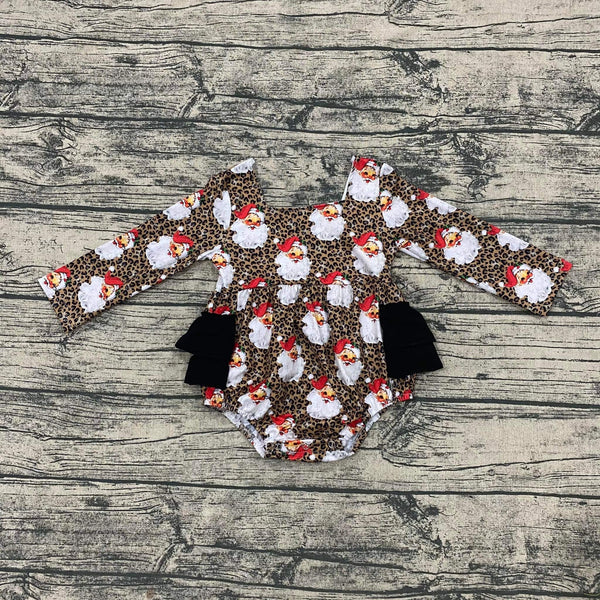 Leopard Santa ruffle romper for babies, festive holiday outfit, stylish and cute, angle view.