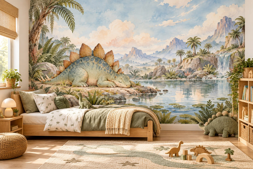 Watercolor Sleepy Stegosaurus Dinosaur Wall Mural, image 1