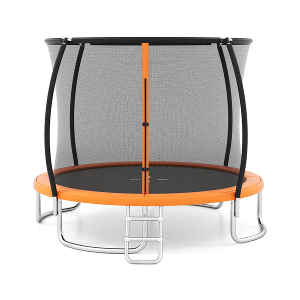 12FT heavy-duty outdoor trampoline with safety enclosure net for kids' recreational fun. Angle view.