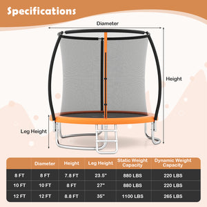12FT heavy-duty outdoor trampoline with safety enclosure net, perfect for kids' recreational fun and safe playtime.
