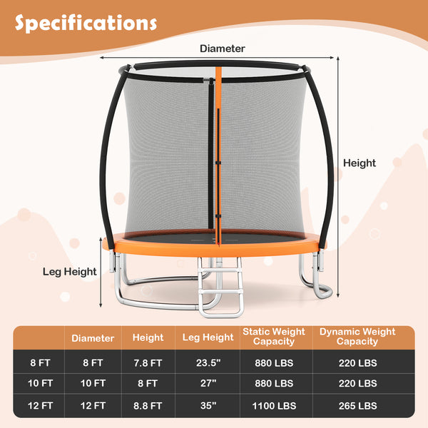 12FT heavy-duty outdoor trampoline with safety enclosure net, perfect for kids' recreational fun and safe playtime.