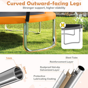 12FT heavy-duty outdoor trampoline with safety enclosure net for kids' recreational fun. Angle view showcasing design.