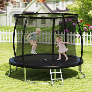 12FT heavy-duty outdoor trampoline with safety enclosure net for kids' recreational fun. Angle view.