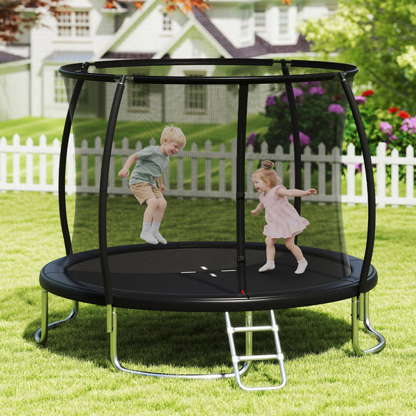 12FT heavy-duty outdoor trampoline with safety enclosure net for kids' recreational fun. Angle view.