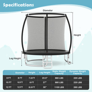 12FT heavy-duty outdoor trampoline with safety enclosure net for kids' recreational fun. Angle 11 view.