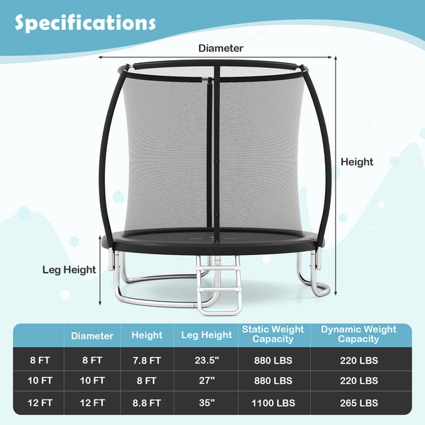 12FT heavy-duty outdoor trampoline with safety enclosure net for kids' recreational fun. Angle 11 view.