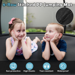 12FT heavy-duty outdoor trampoline with safety enclosure net for kids' recreational fun. Angle view.