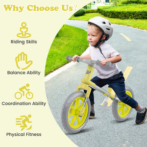 12-inch balance bike with adjustable seat and rotatable handlebar, perfect for toddlers learning to ride.